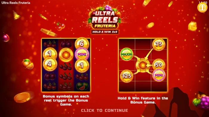 Ultra Reels Fruteria - menu permulaan dan butang mula